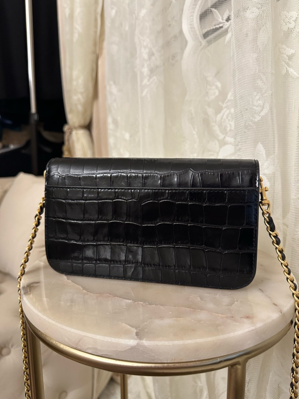Tory Burch Black Croc-Embossed Crossbody with Gold Logo - Picture 3 of 6
